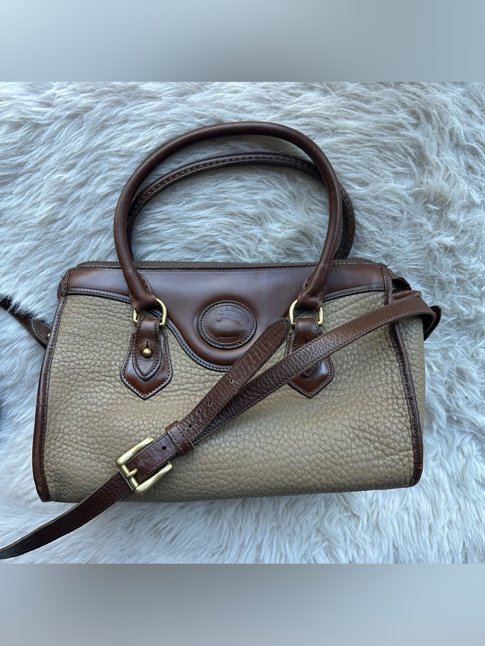 Dooney & Bourke Beige Pebbled Satchel with Brown Trim 80’s Boston satchel USA